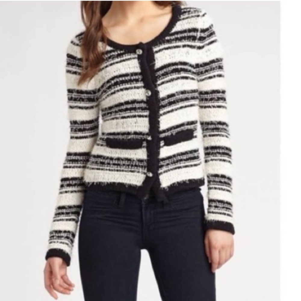 Alice & Olivia - White & Black Striped Fuzzy Cardigan w/ Jeweled Buttons